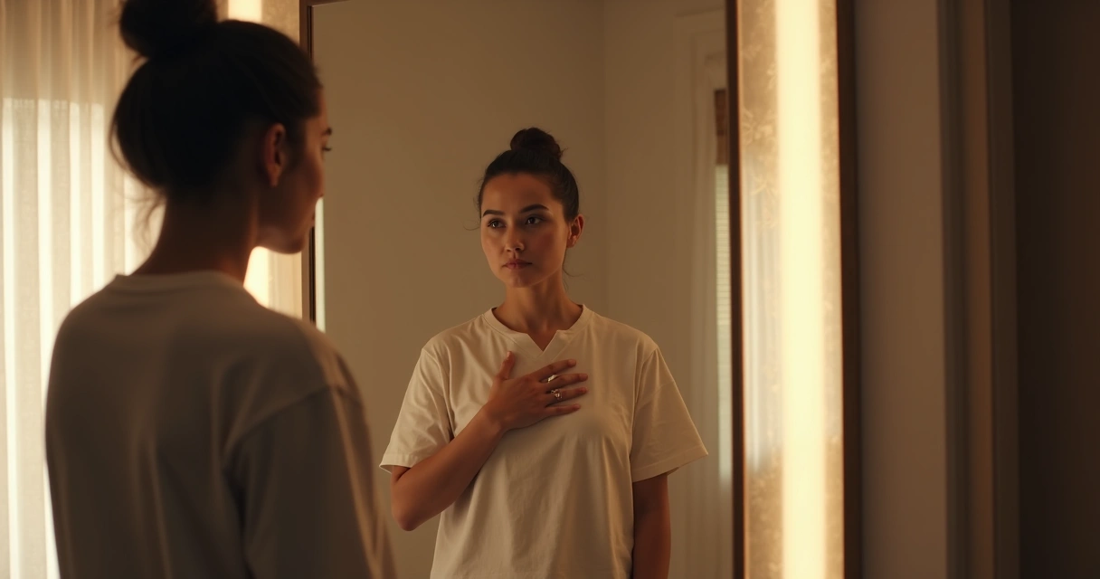 Pessoa refletindo em frente a um espelho, gesto de responsabilidade