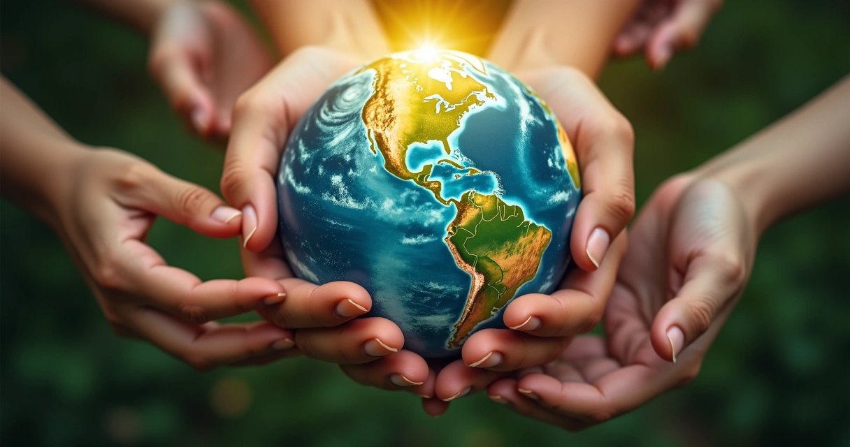Pessoa segurando um globo terrestre iluminado por várias mãos 