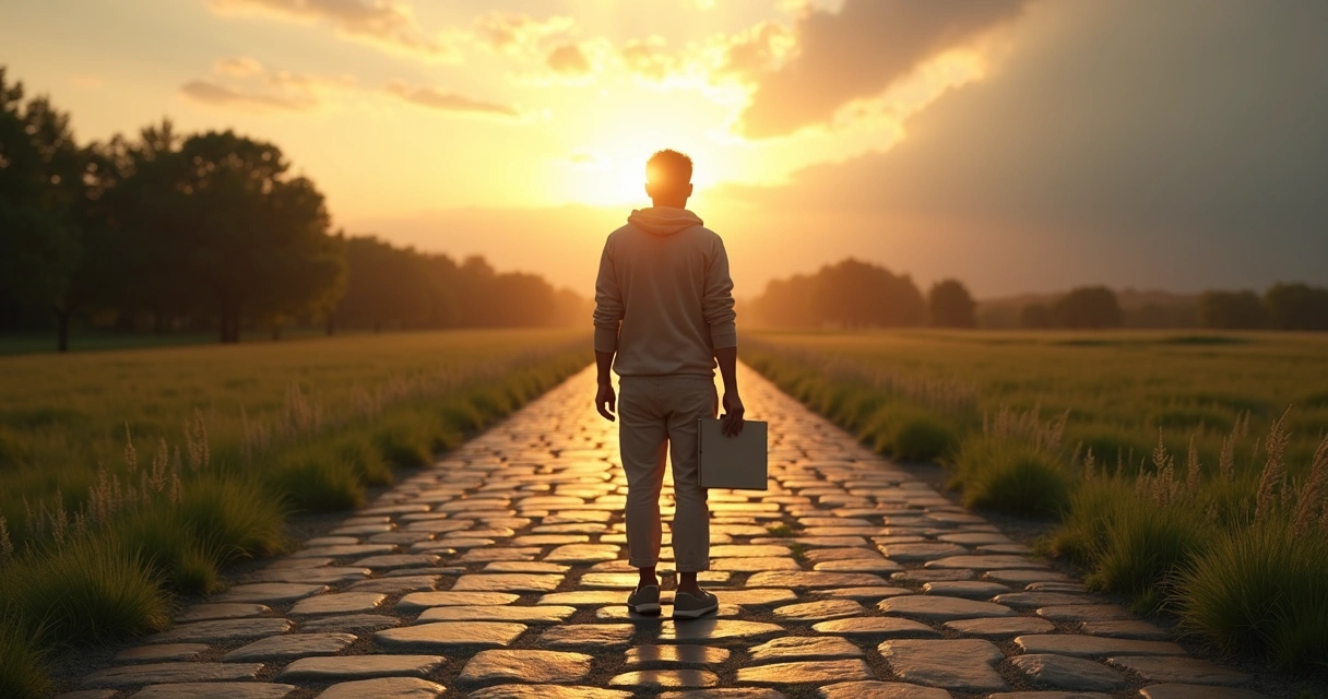 Pessoa em encruzilhada escolhendo caminho com luz ao fundo 