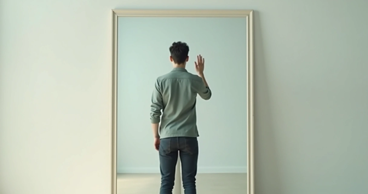 Pessoa olhando para o próprio reflexo no espelho, simbolizando responsabilidade interna 