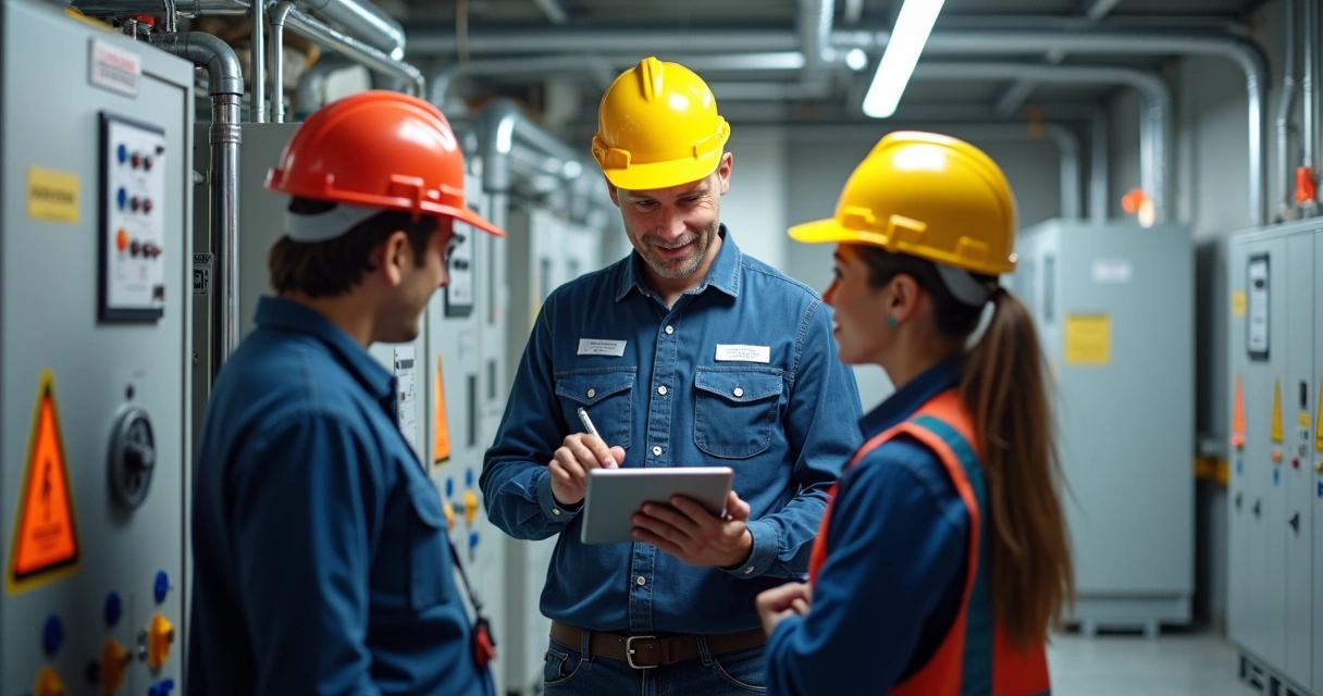 Equipe de manutenção analisando sistema predial 