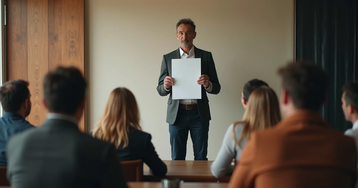 Pessoa segurando uma folha em branco diante de um grupo, demonstrando liderança tranquila