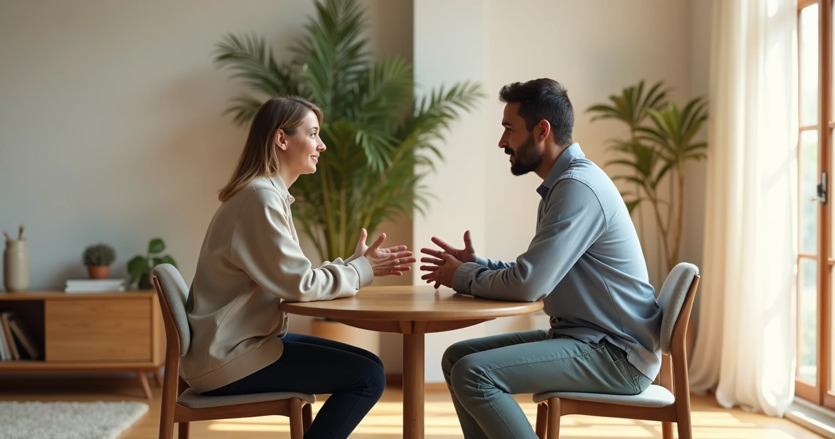 Grupo de duas pessoas conversando com atenção em uma sala iluminada 