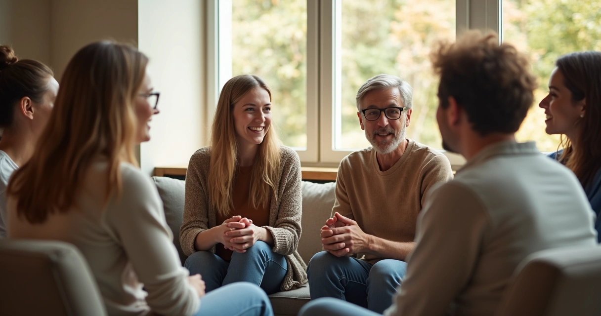 Grupo de pessoas de diferentes idades sentados em círculo, conversando com atmosfera amistosa e aberta em sala clara 