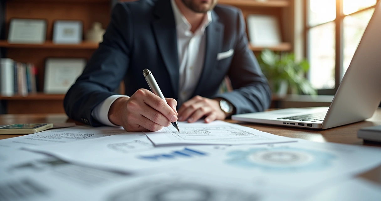 Perito de engenharia assinando laudo em escritório com documentos 