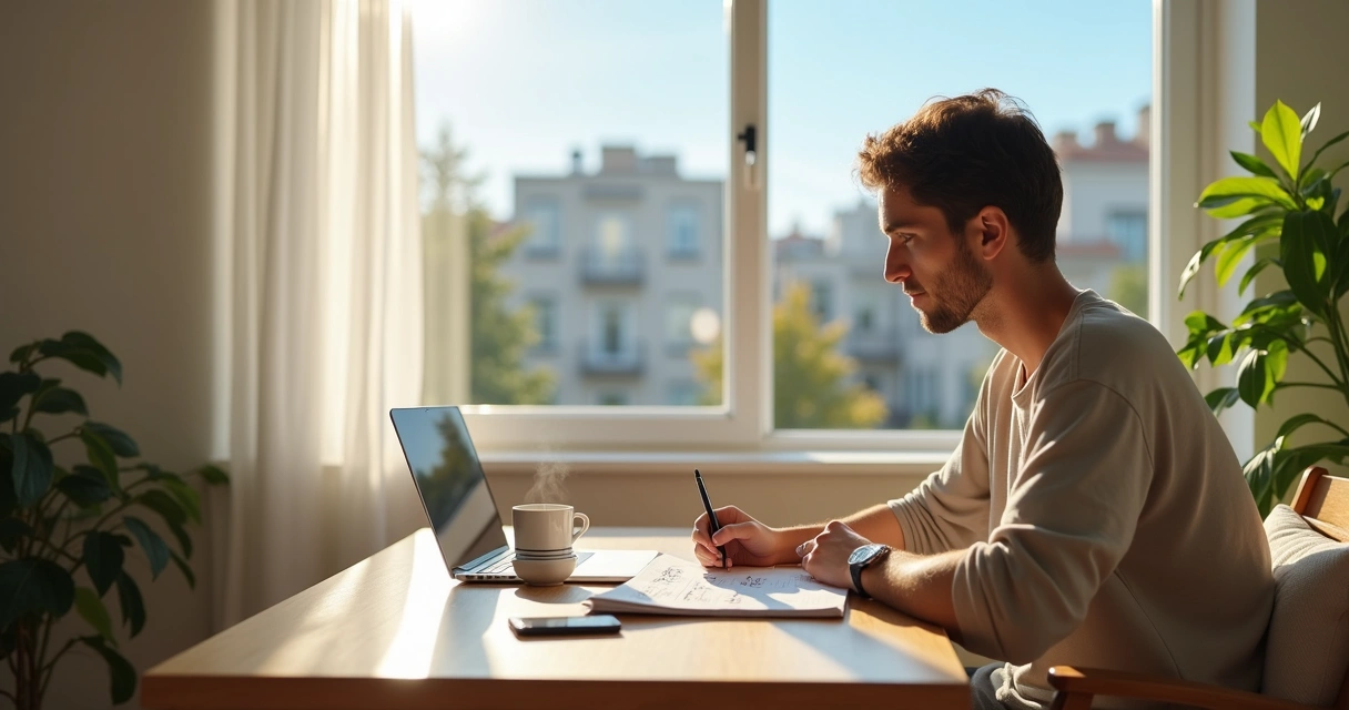 Pessoa refletindo diante da janela anotando metas em caderno 