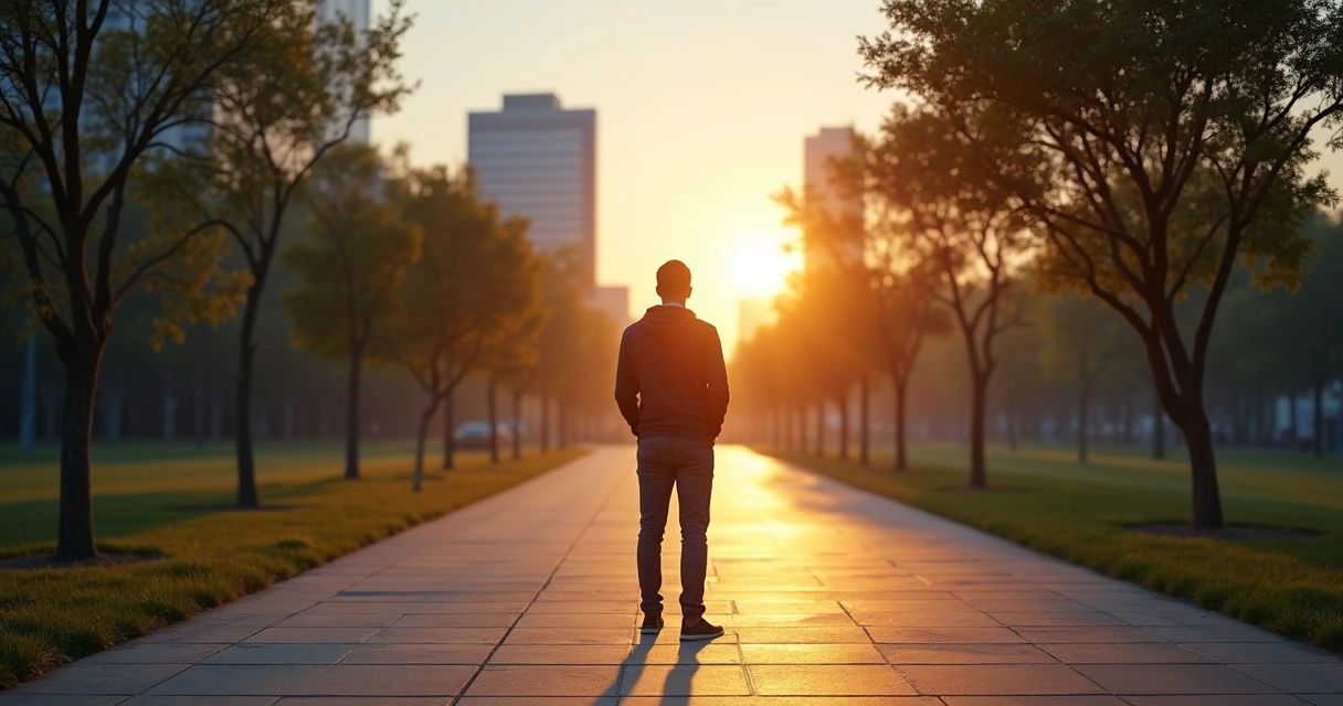 Pessoa em pé em encruzilhada urbana ao amanhecer escolhendo um caminho iluminado 