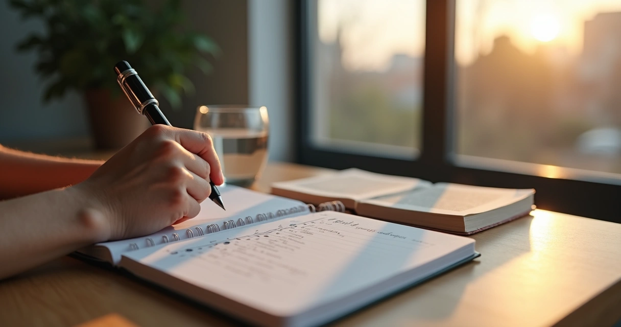 Pessoa refletindo diante de janela com caderno e checklist de hábitos diários 