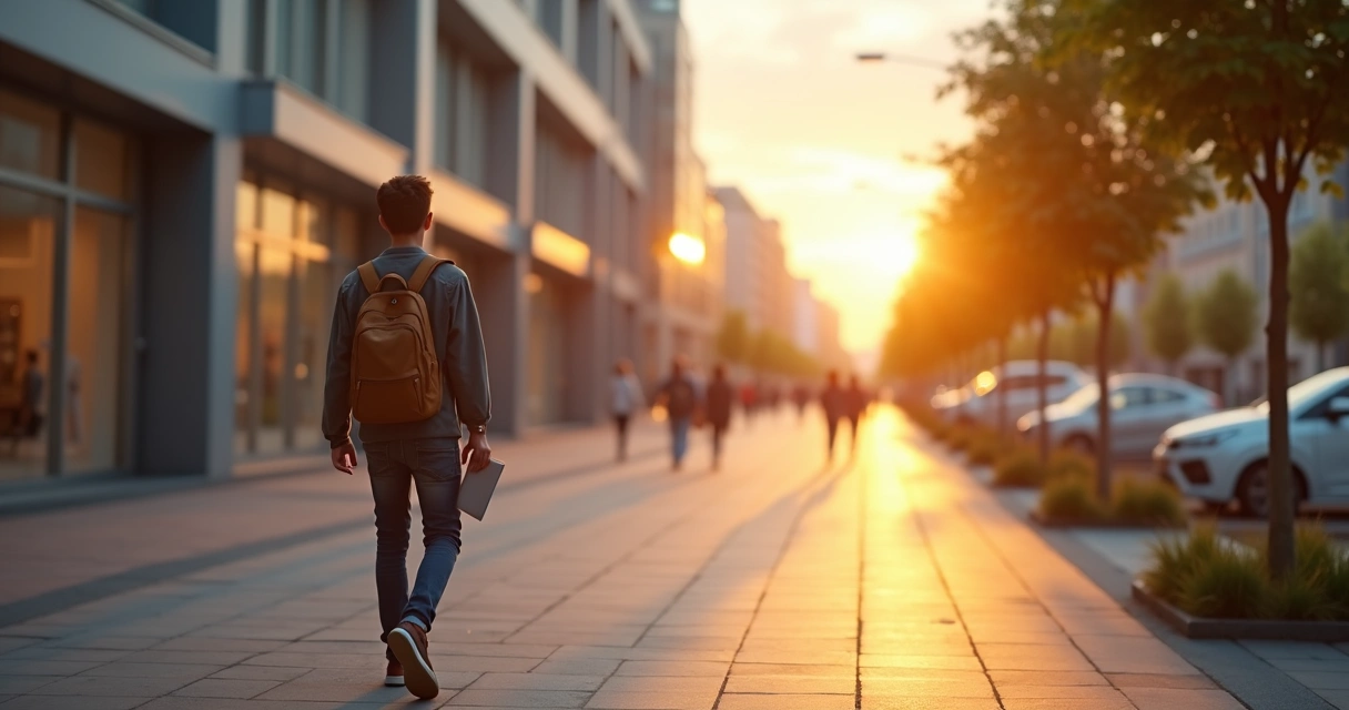 Pessoa caminhando sozinha em calçada urbana ao nascer do sol segurando mochila e caderno 