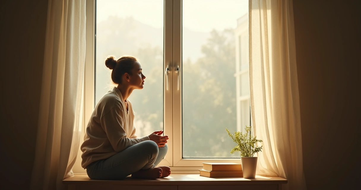 Pessoa sentada olhando pela janela, refletindo em ambiente calmo e iluminado