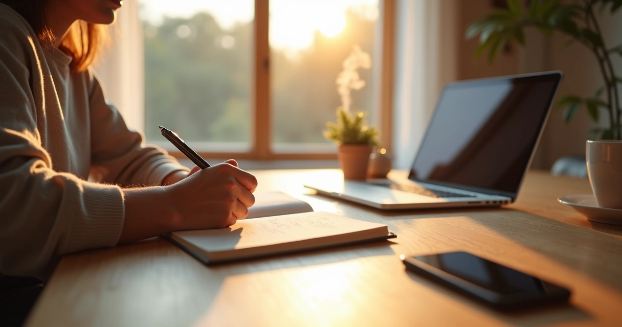 Pessoa fazendo reflexão e escrevendo passos diários de responsabilidade pessoal 