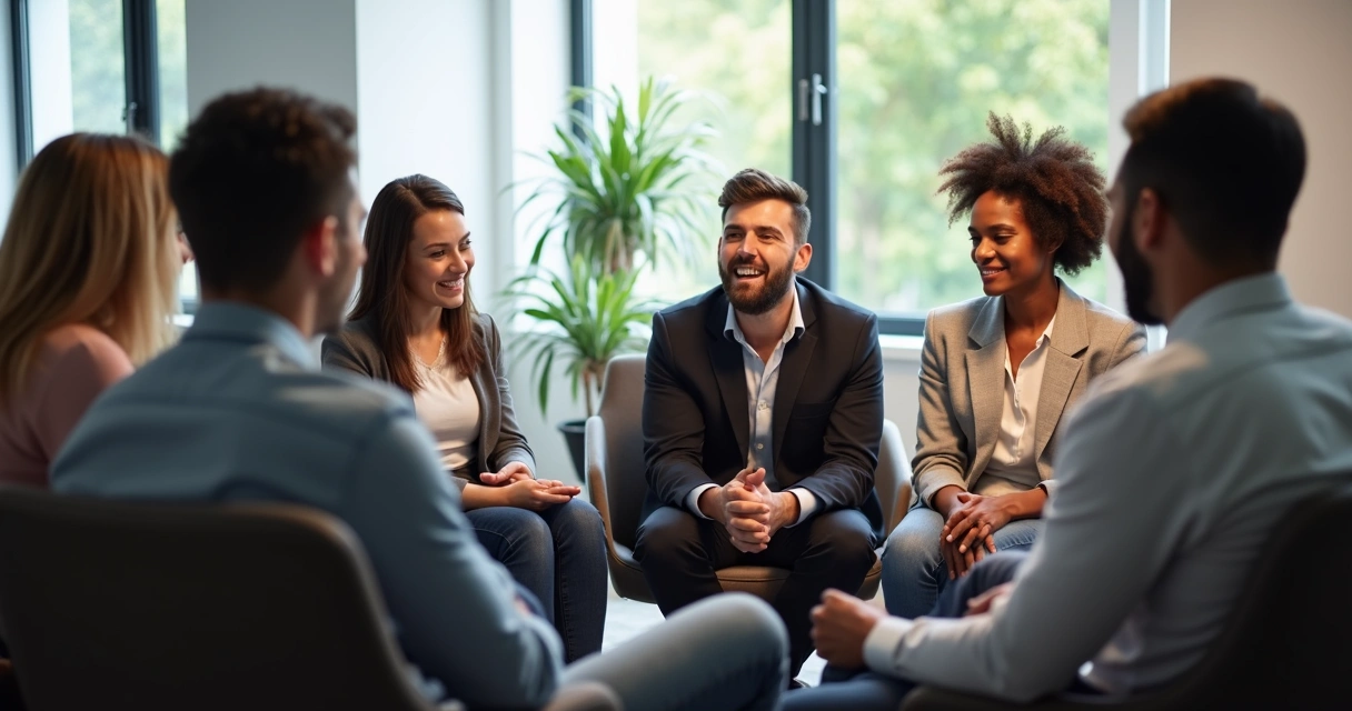 Grupo de pessoas em círculo discutindo com expressão de apoio mútuo 