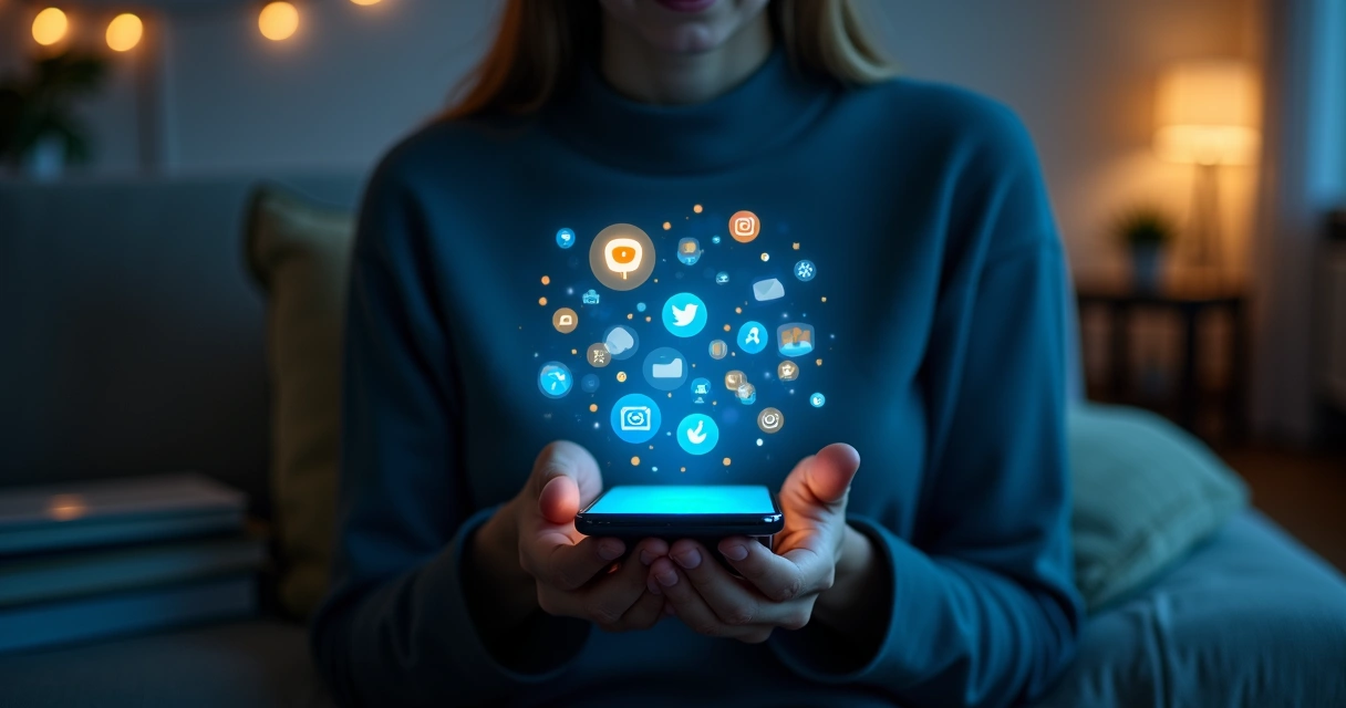 Pessoa usando celular em sala escura com hologramas de redes sociais e símbolos de ética ao redor 