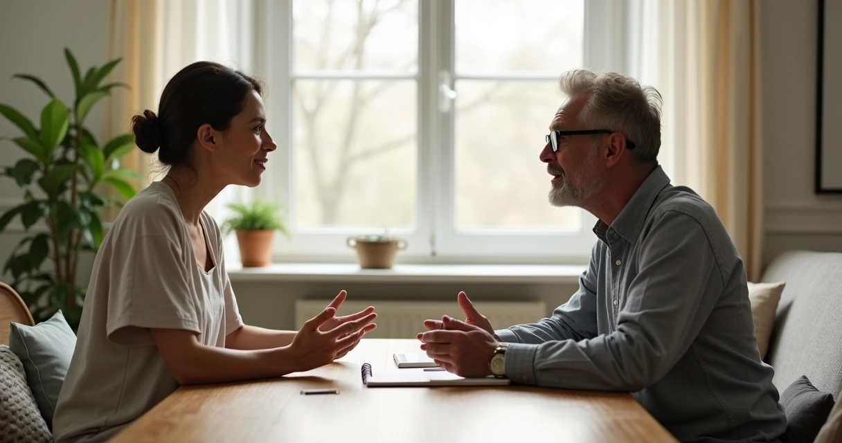 Duas pessoas sentadas frente a frente conversando com atenção e empatia 