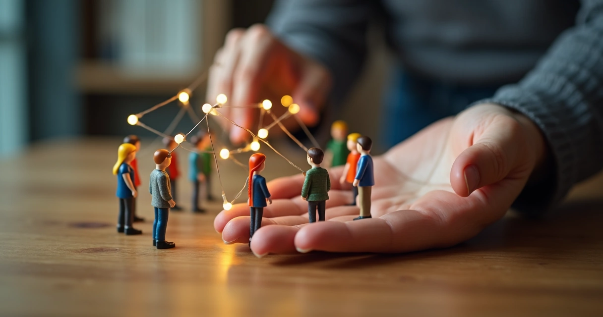 Mão segurando fios conectando várias pessoas em círculo