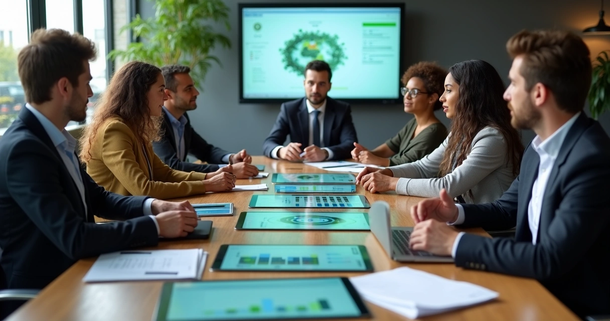 Equipe em reunião, discutindo impacto organizacional com painéis de dados na mesa 