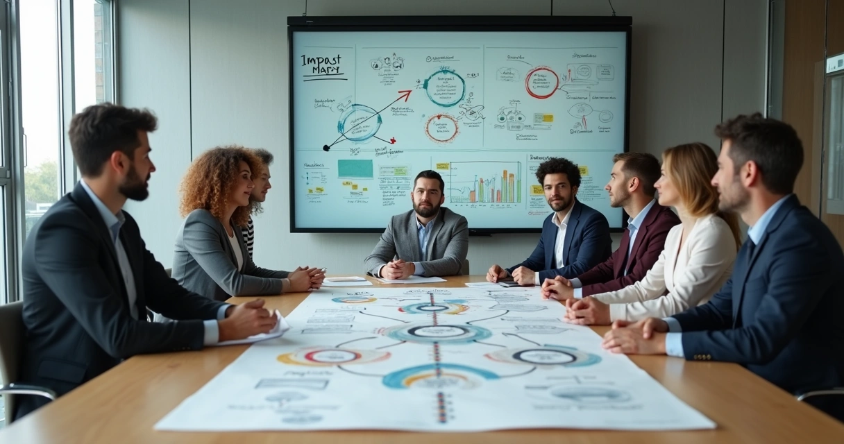 Equipe analisando projeto com visão sistêmica em sala de reunião moderna 