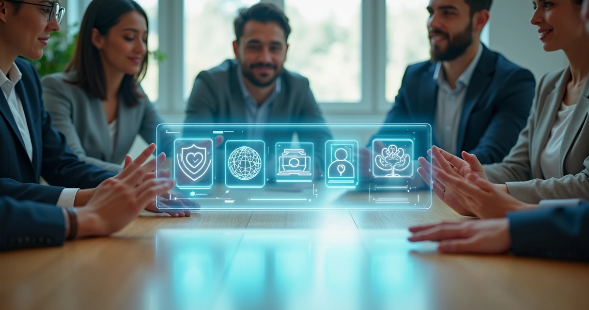 Mãos diversas segurando ícones digitais em tela holográfica 