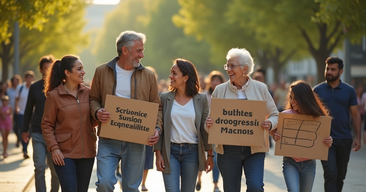 Grupo de pessoas de diferentes idades caminhando juntos em uma praça 
