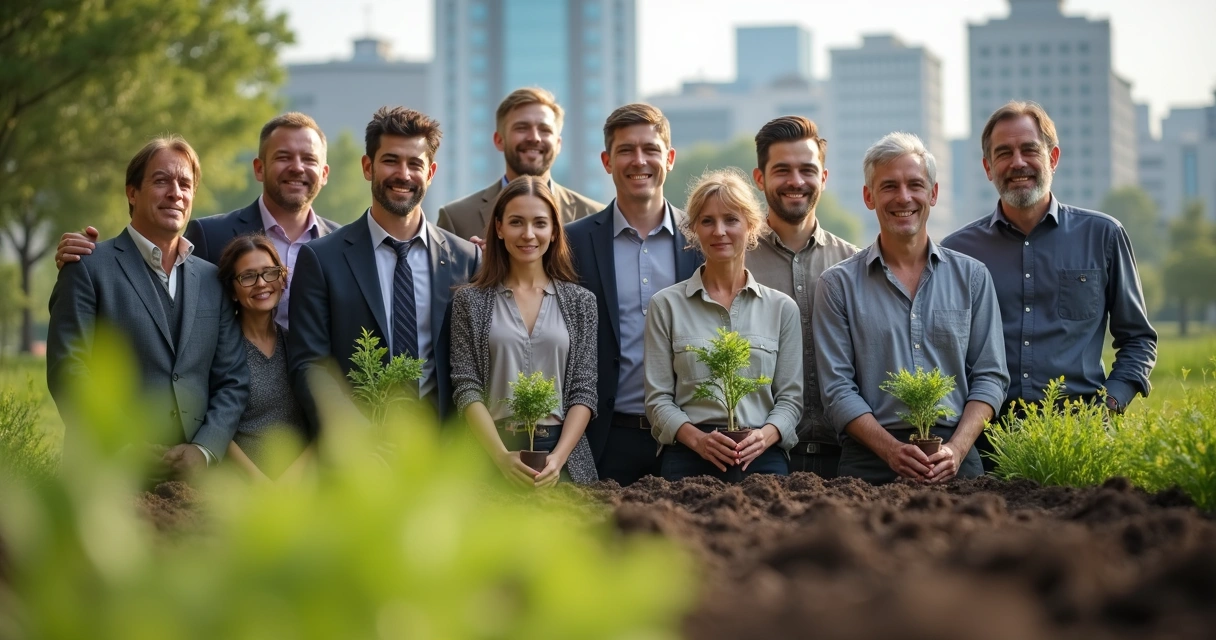 Empresários sorrindo com membros da comunidade segurando mudas de plantas 