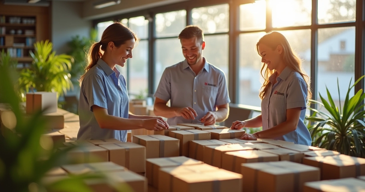 Colaboradores organizando materiais para ação social em espaço corporativo 