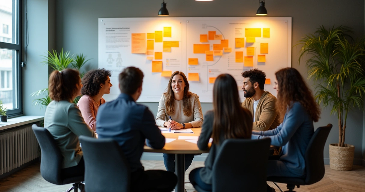 Colaboradores reunidos em círculo, discutindo ações sociais dentro de uma sala moderna, com papéis coloridos e gráficos nas paredes. 