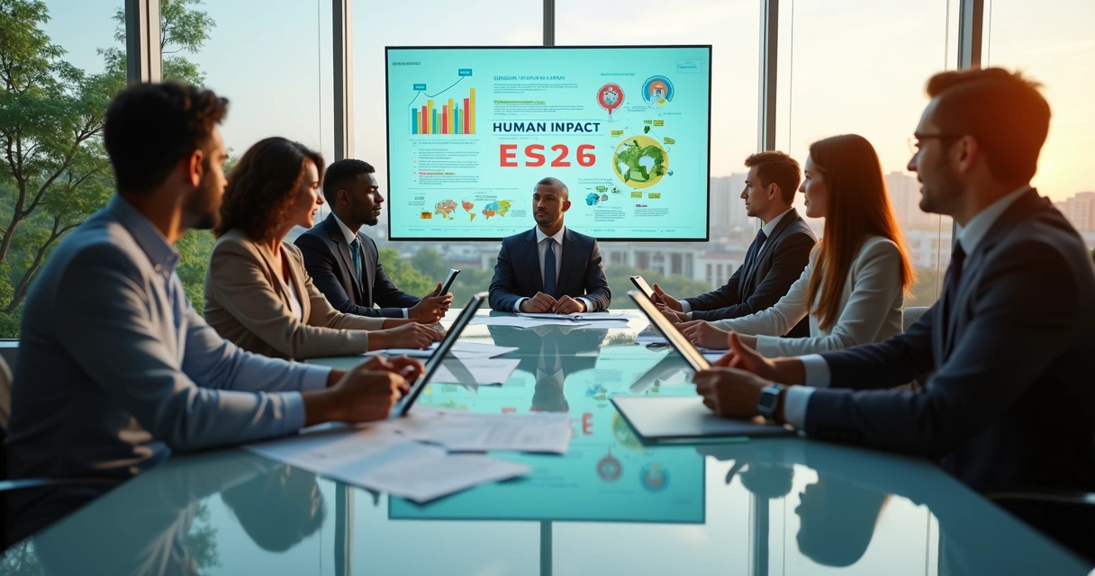 Executivos reunidos em mesa de vidro discutindo projetos de impacto social e ambiental 