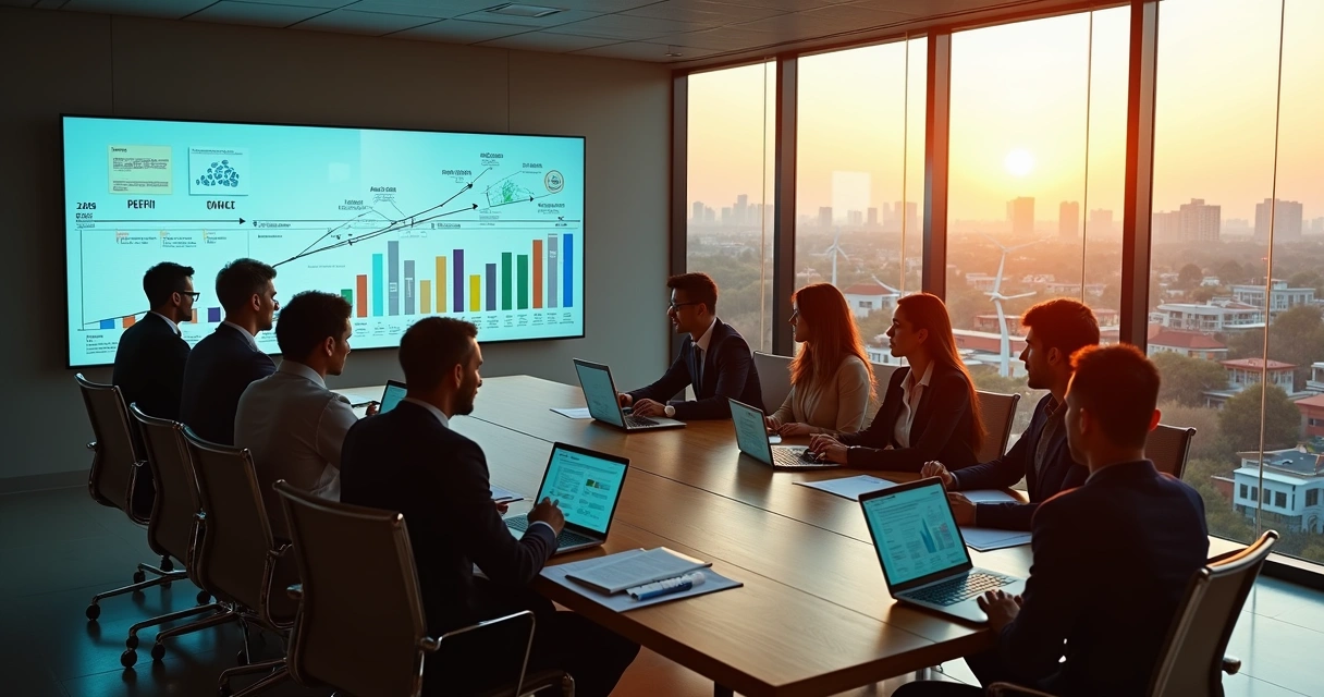 Executivos em reunião analisando impacto social e sustentabilidade até 2026 