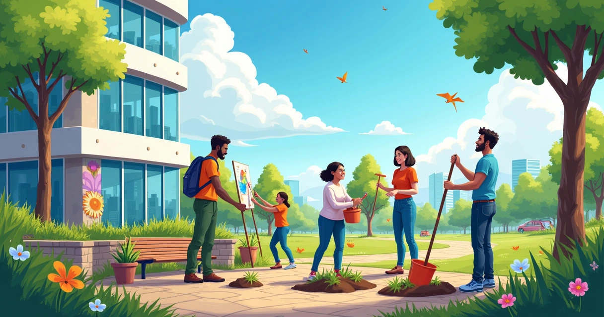 Grupo de funcionários participando de projeto social, plantando árvores e pintando um mural em um dia ensolarado.
