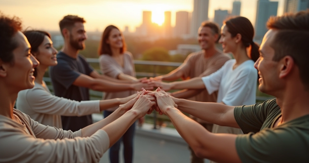 Grupo diverso em círculo unindo as mãos em ambiente urbano iluminado pelo pôr do sol 