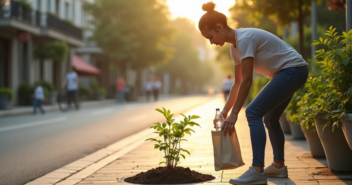 Pessoa caminhando na rua recolhendo lixo e plantando pequena muda em ambiente urbano 