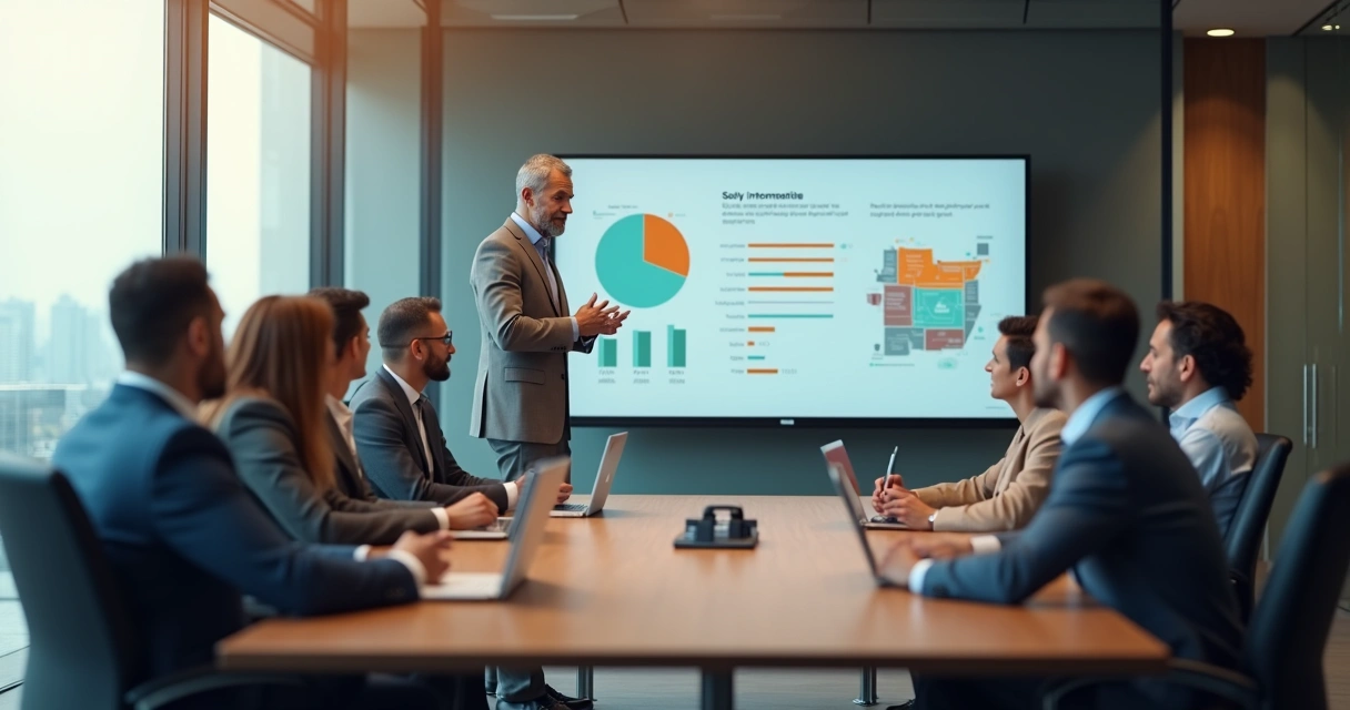 Líder empresarial observando equipe em sala de reunião após crise 