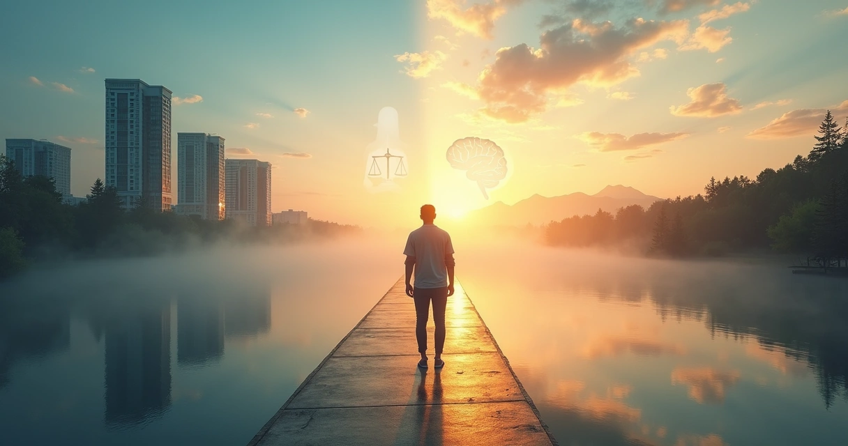 Pessoa em pé entre cidade e natureza simbolizando equilíbrio entre responsabilidade social e íntima 