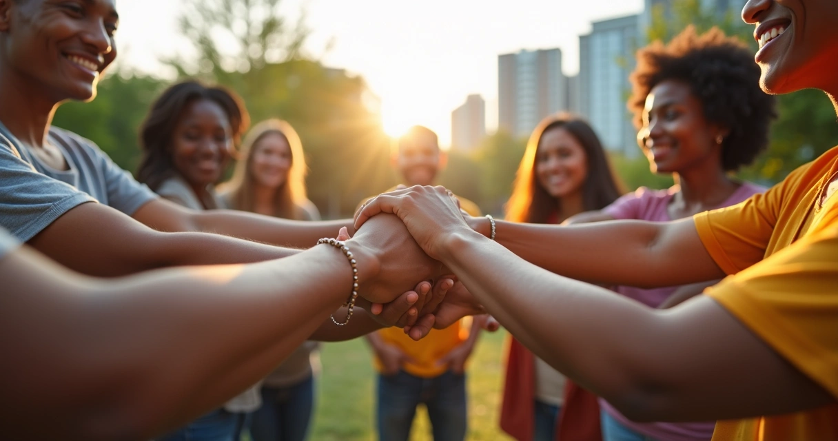 Grupo diverso de adultos unindo as mãos em gesto de colaboração social 