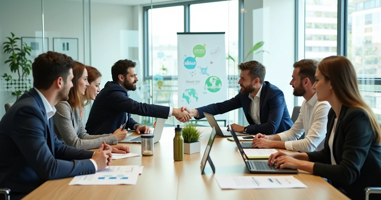 Equipe de empresa reunida com fornecedores em mesa de reunião moderna com ícones de sustentabilidade ao fundo 