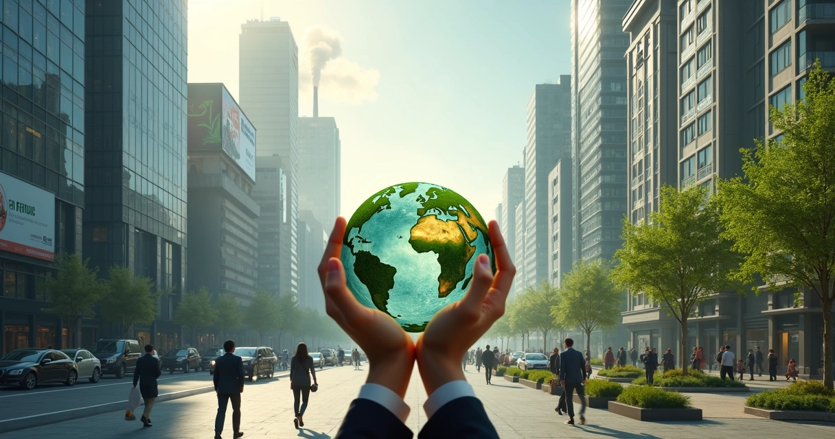 Metade de uma cidade cinza poluída e metade de uma cidade verde sustentável, com mãos segurando um símbolo de planeta ao centro 