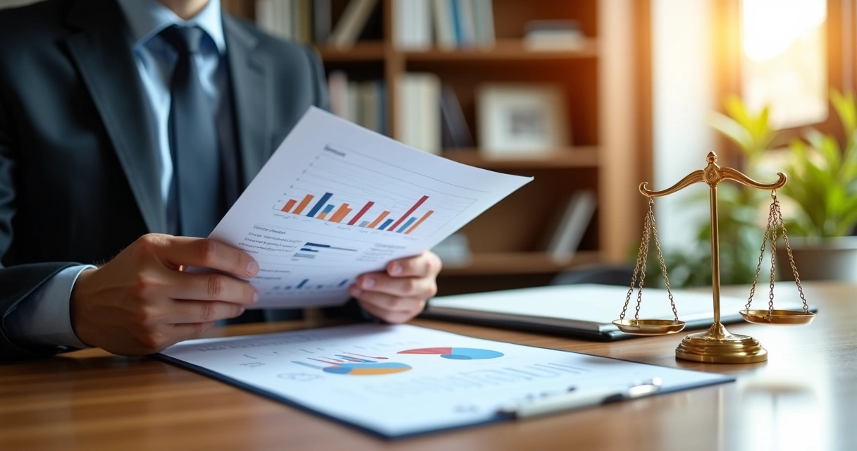 Executivo analisando gráficos financeiros ao lado de balança de justiça