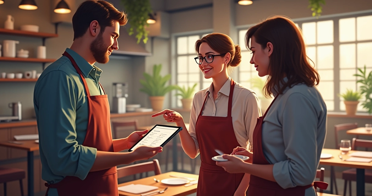 Gestor delegando tarefas e acompanhando resultados em restaurante. 