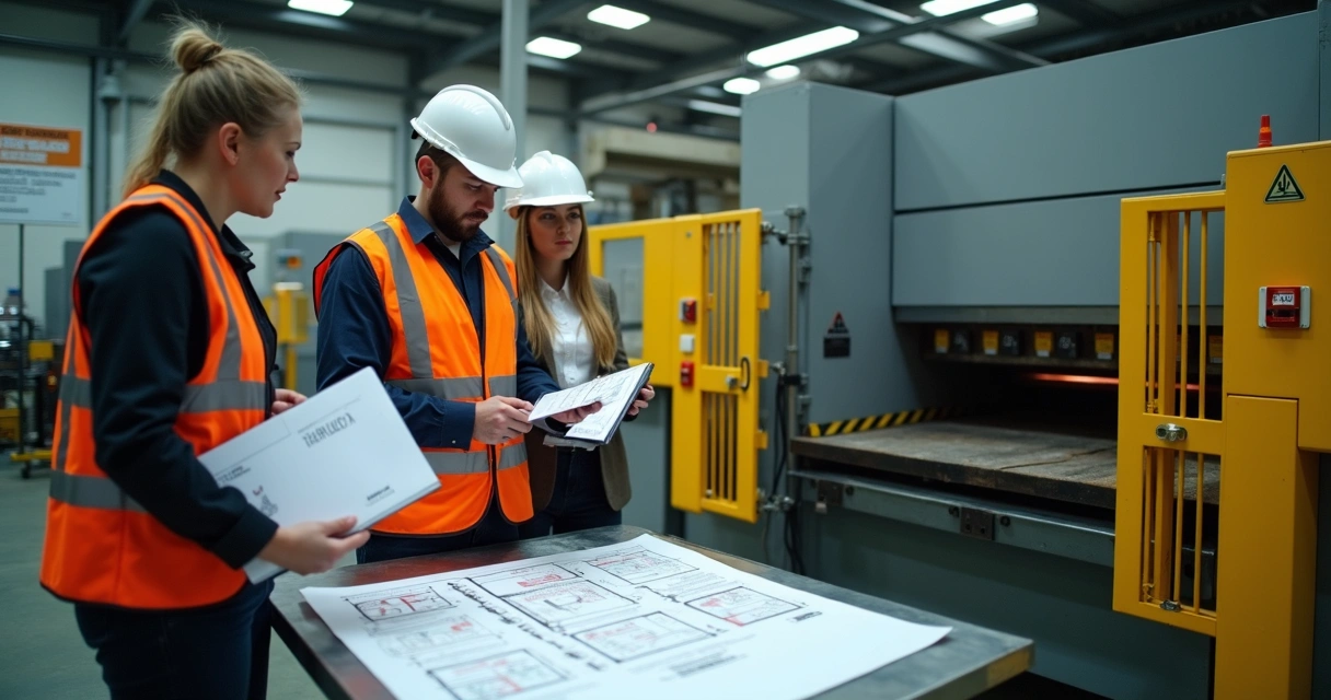 Gestor e engenheiro analisando esquema de segurança ao lado de máquina industrial cercada 