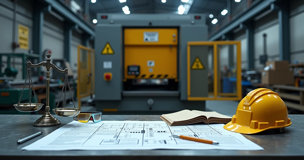 Balança de justiça e prancheta técnica diante de máquina industrial em galpão 