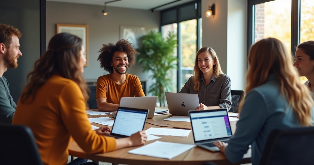 Ambiente de trabalho com equipe diversa em círculo, clima de colaboração
