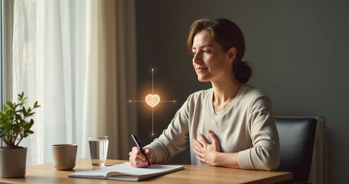 Pessoa refletindo com conexão entre mente e coração em ambiente calmo 