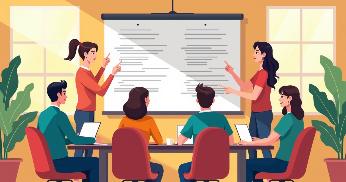 Quadro branco com responsáveis e prazos escritos, equipe de PME em reunião apontando tarefas 