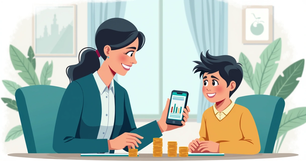 Adulto administrando dinheiro para filho mostrando aplicativo financeiro, criança observando atento