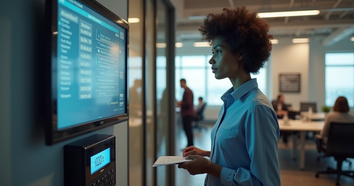 Pessoa conferindo registro de ponto eletrônico em escritório 