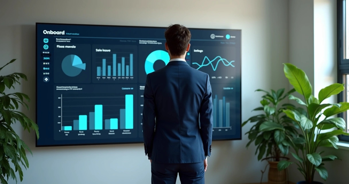 Gestor analisando métricas de vendas e onboarding em dashboard corporativo 