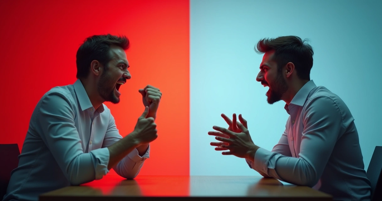 Two people, one reacting angrily, the other responding calmly in a conversation 