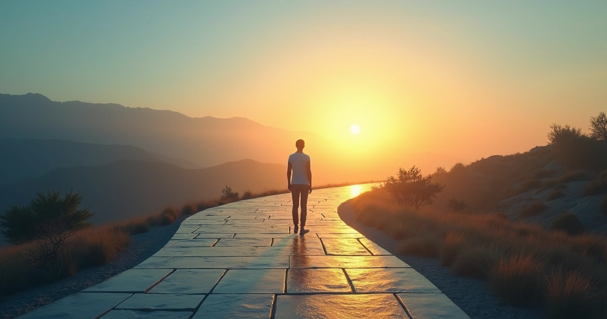 Person standing on a path shaped like a question mark between light and shadow 