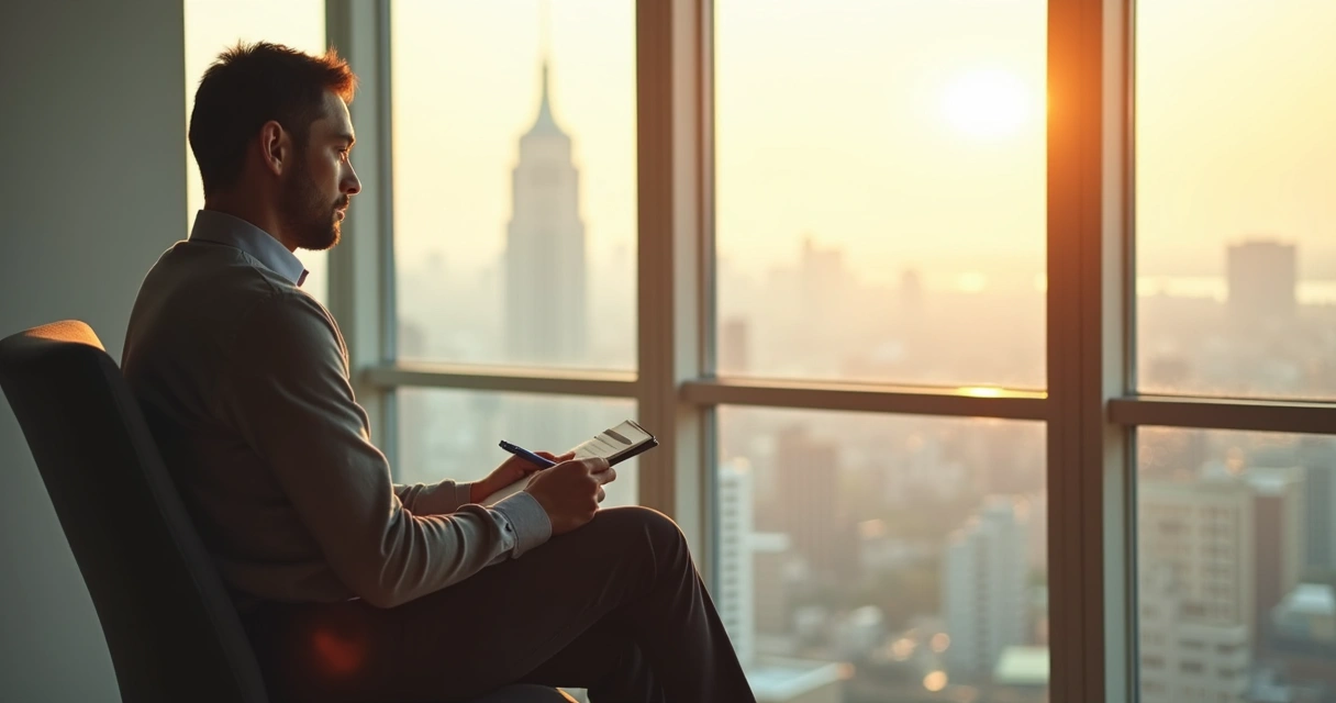 Person reflecting alone near large window with sunlight