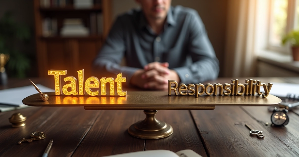 Person weighing responsibility and talent on a balance scale 